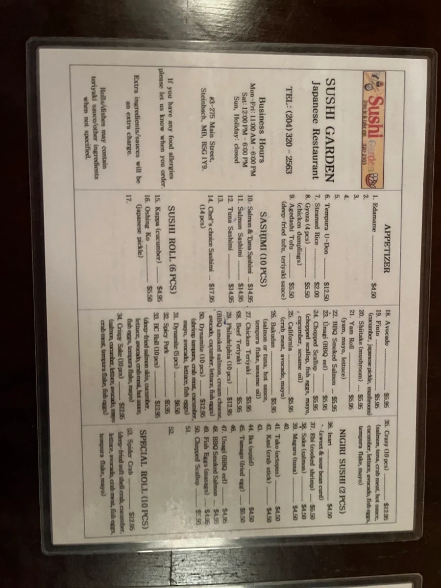 Menu, Sushi Garden