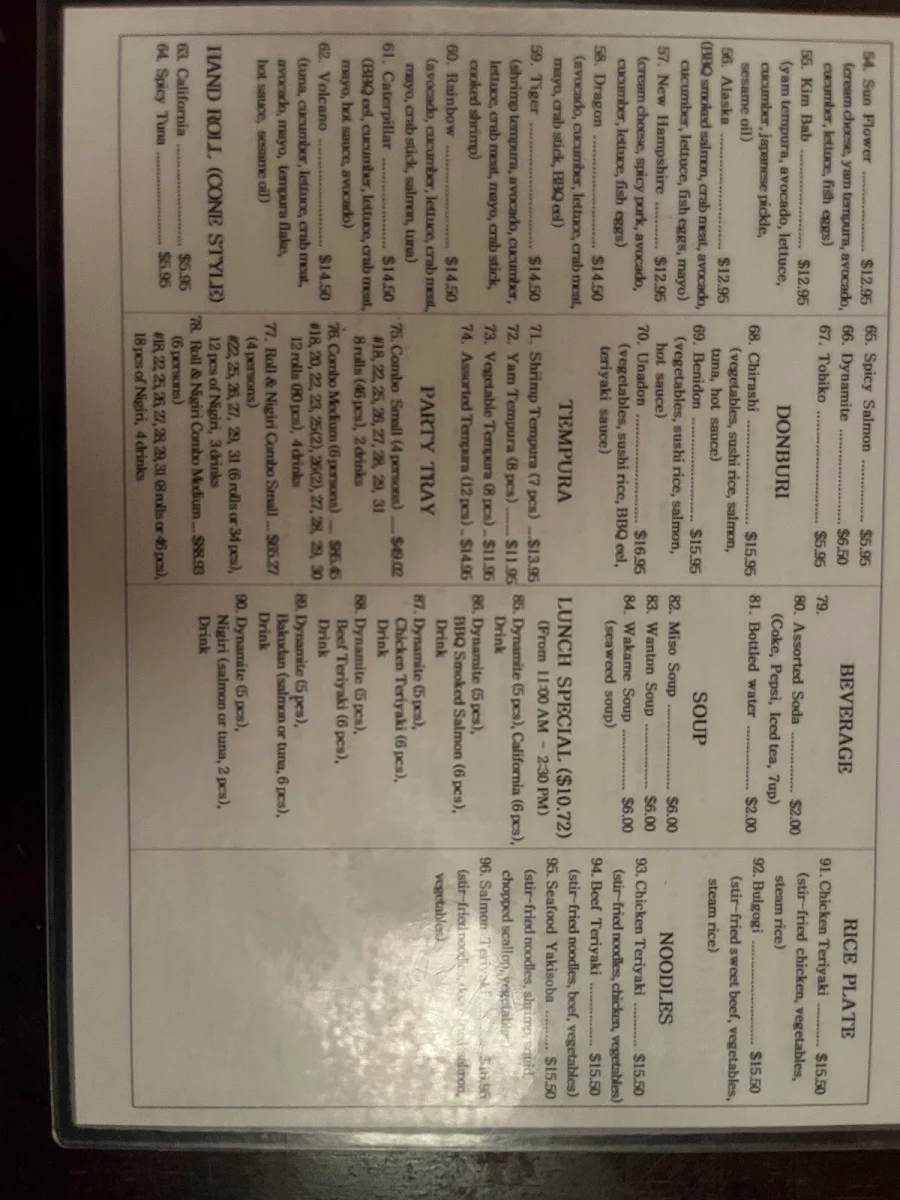 Menu, Sushi Garden