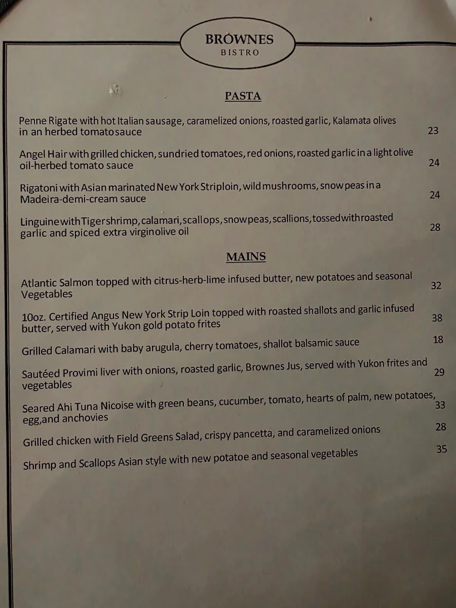 Menu, Brownes Bistro