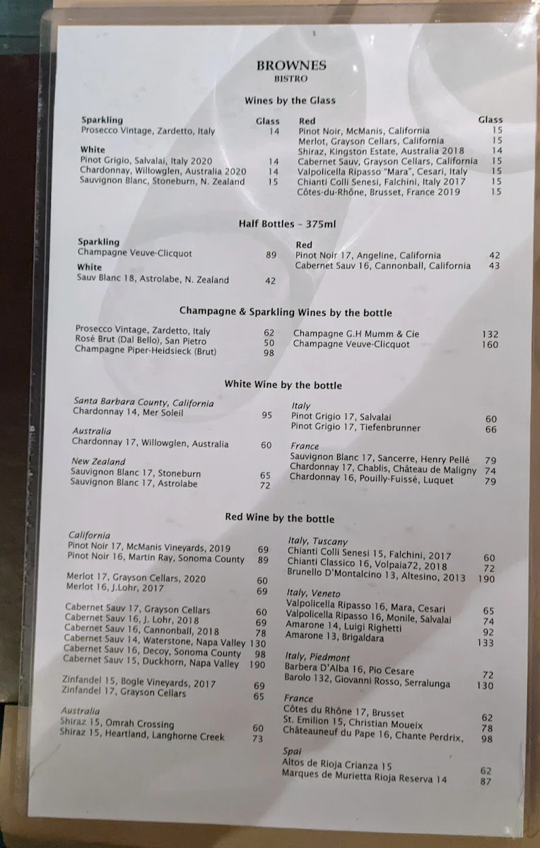 Menu, Brownes Bistro