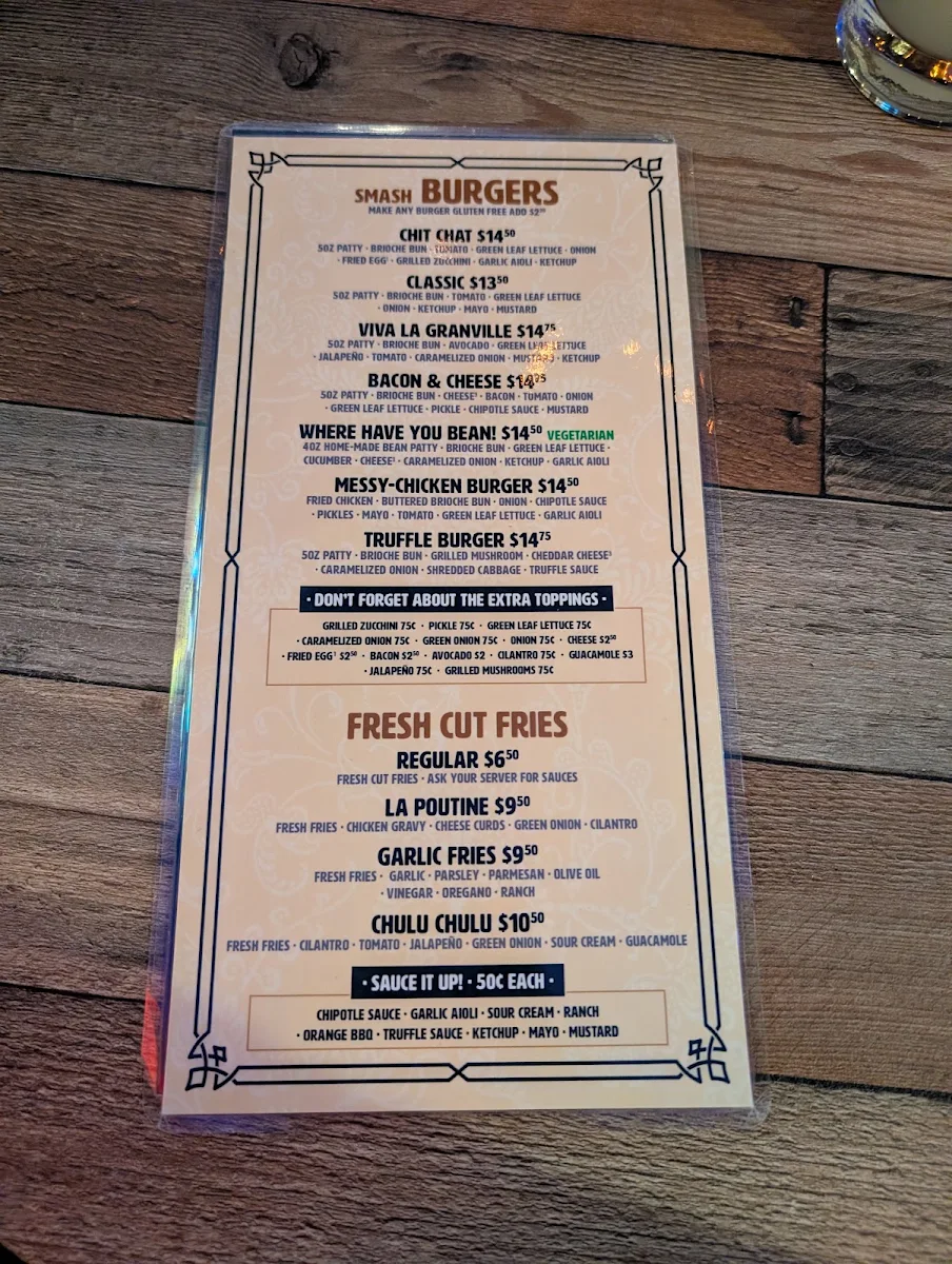 Menu, Chit Chat Burger Bar