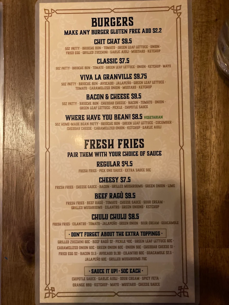 Menu, Chit Chat Burger Bar
