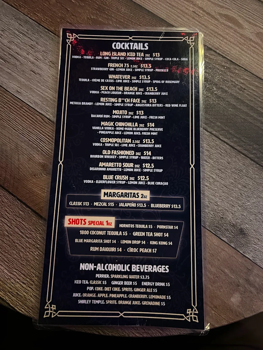 Menu, Chit Chat Burger Bar