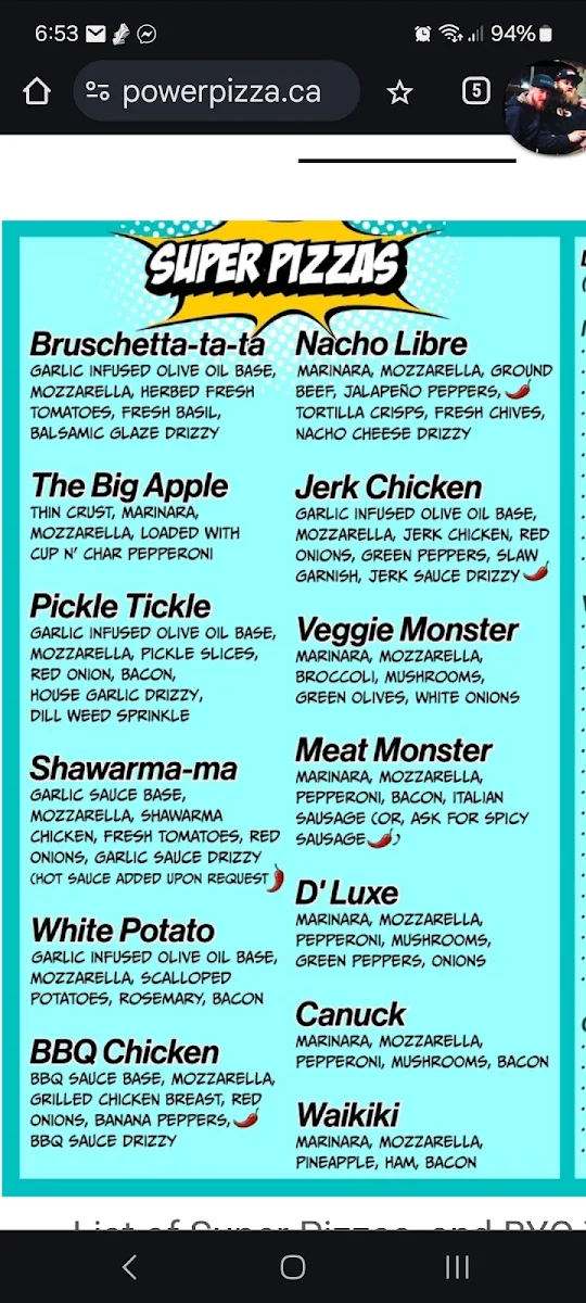 Menu, POWER PIZZA