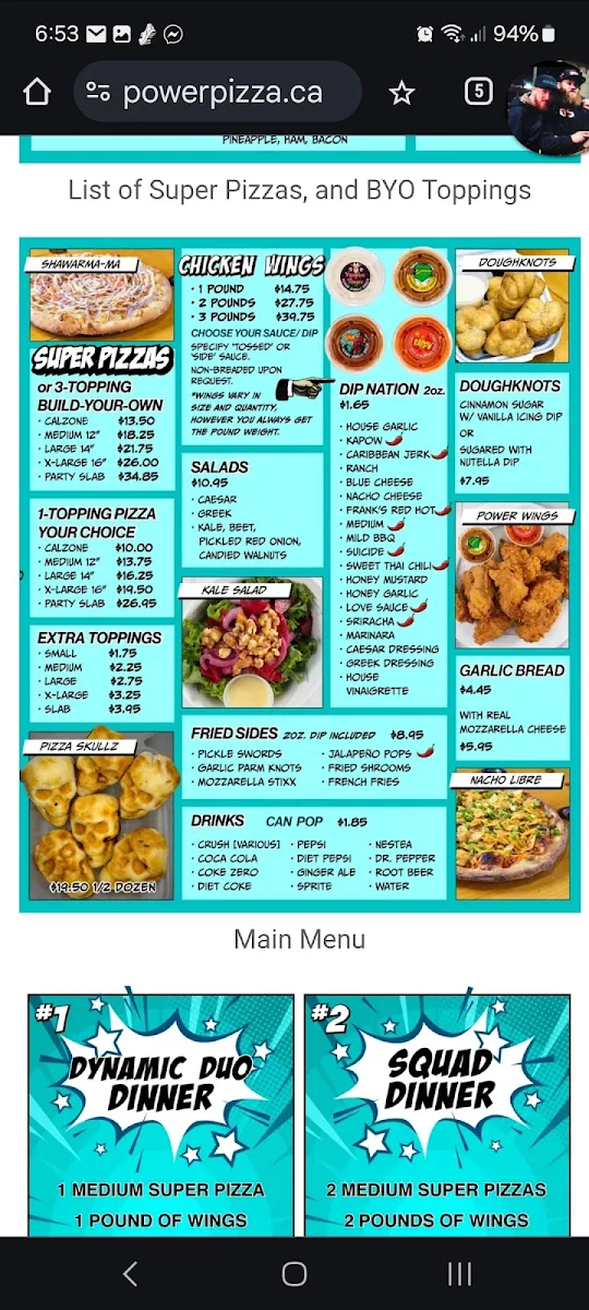 Menu, POWER PIZZA