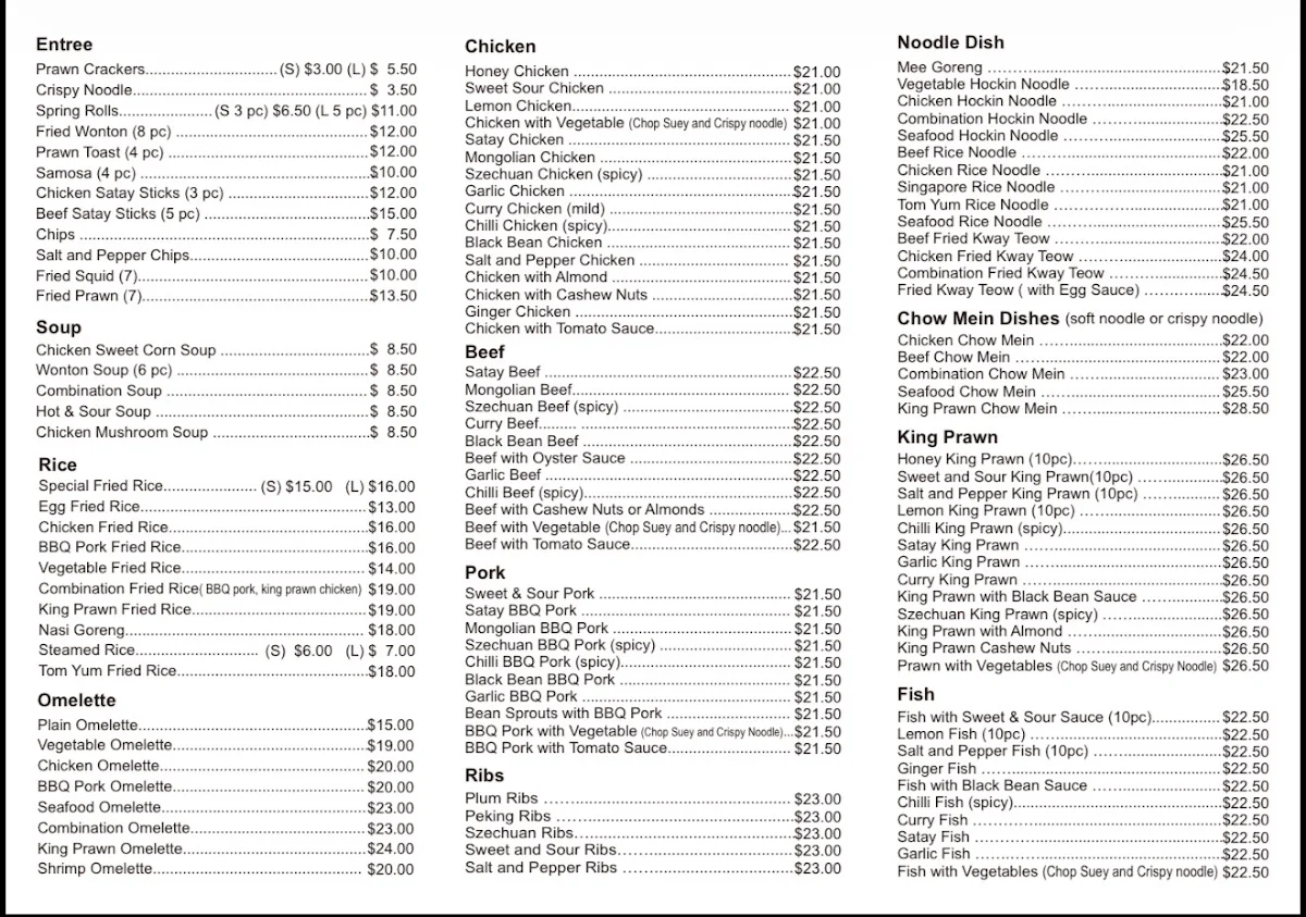 Menu, Golden Dragon (Now Grace Chinese Restaurant)