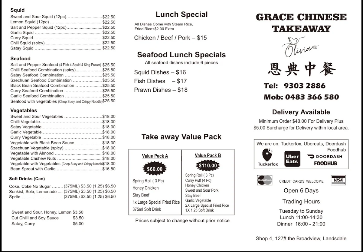 Menu, Golden Dragon (Now Grace Chinese Restaurant)