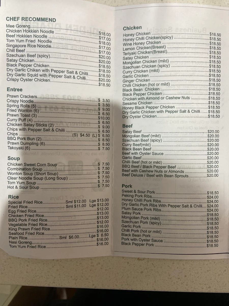 Menu, Golden Dragon (Now Grace Chinese Restaurant)