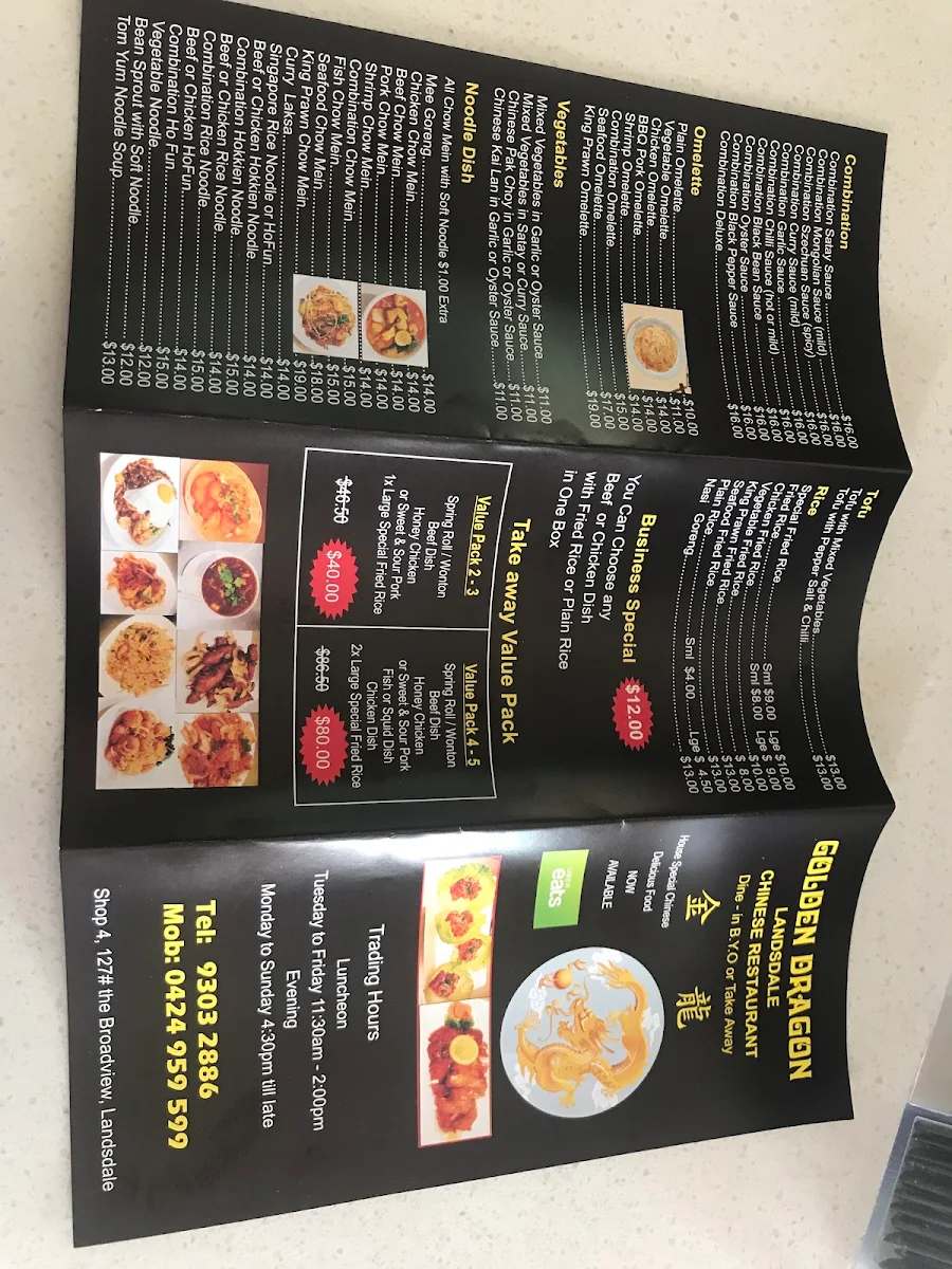 Menu, Golden Dragon (Now Grace Chinese Restaurant)