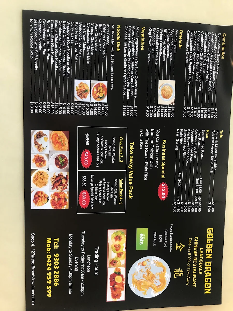 Menu, Golden Dragon (Now Grace Chinese Restaurant)