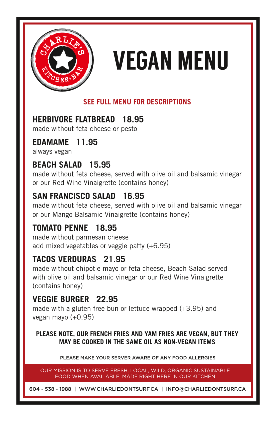 Menu, Charlie Don't Surf