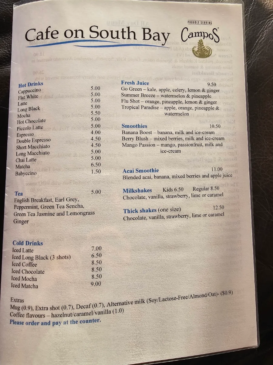 Menu, Cafe on South Bay