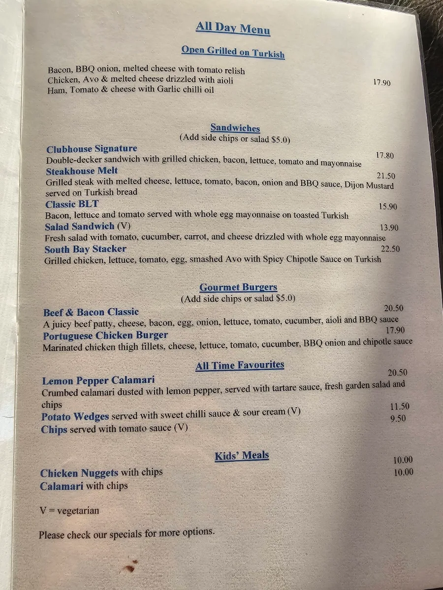 Menu, Cafe on South Bay