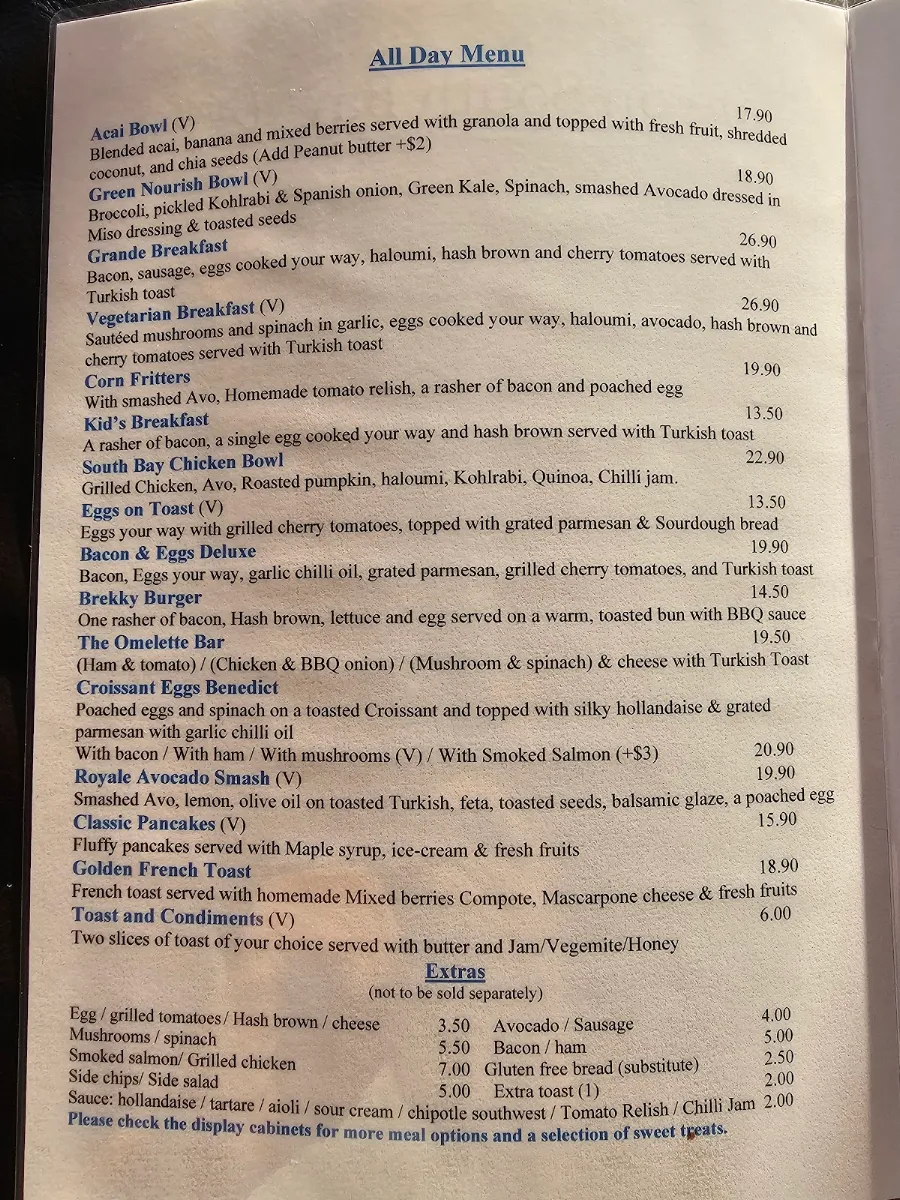 Menu, Cafe on South Bay
