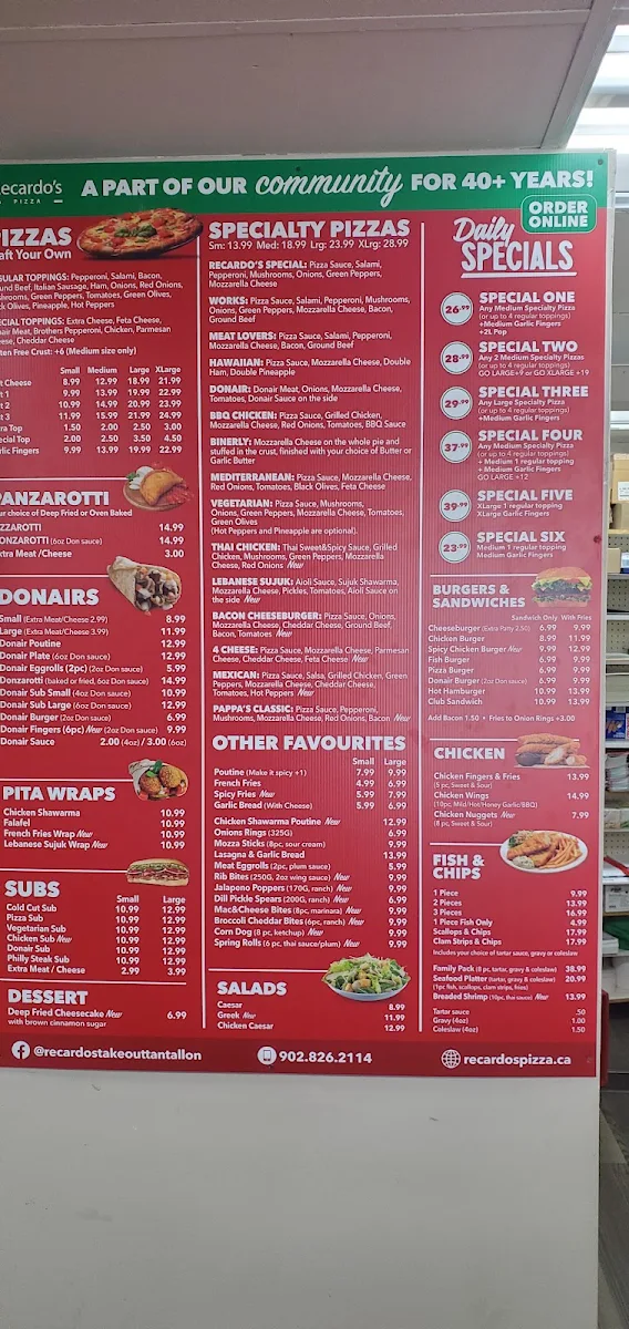 Menu, Recardo's Take-Out