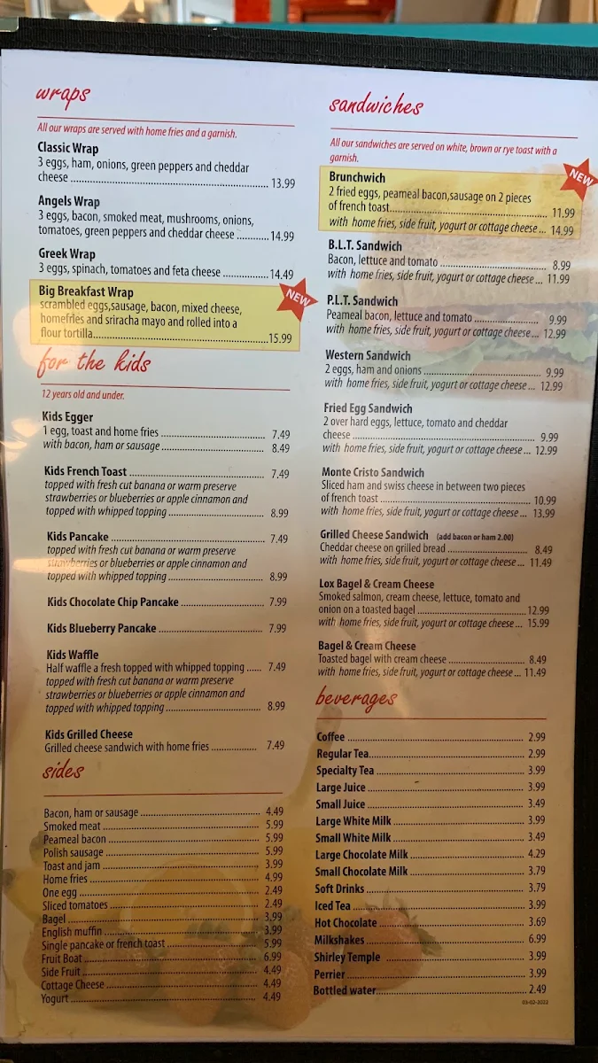 Menu, Stella’s Diner