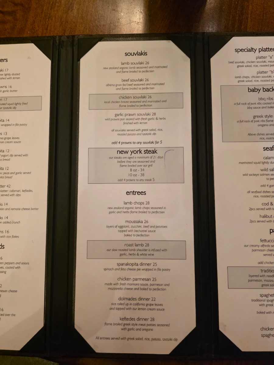Menu, Socrates Grill