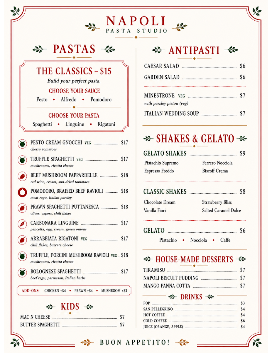 Menu, Napoli Pasta Studio