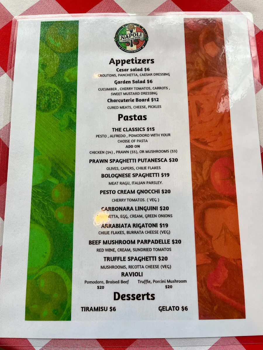 Menu, Napoli Pasta Studio