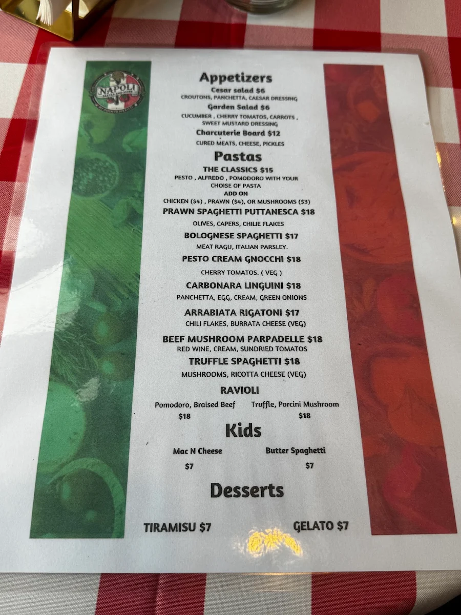 Menu, Napoli Pasta Studio