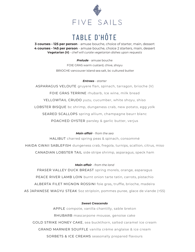 Menu, Five Sails Restaurant