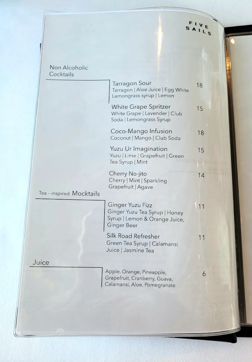 Menu, Five Sails Restaurant