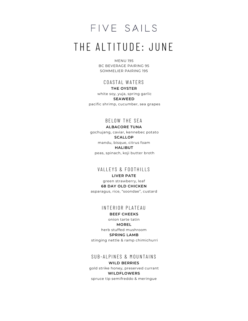 Menu, Five Sails Restaurant