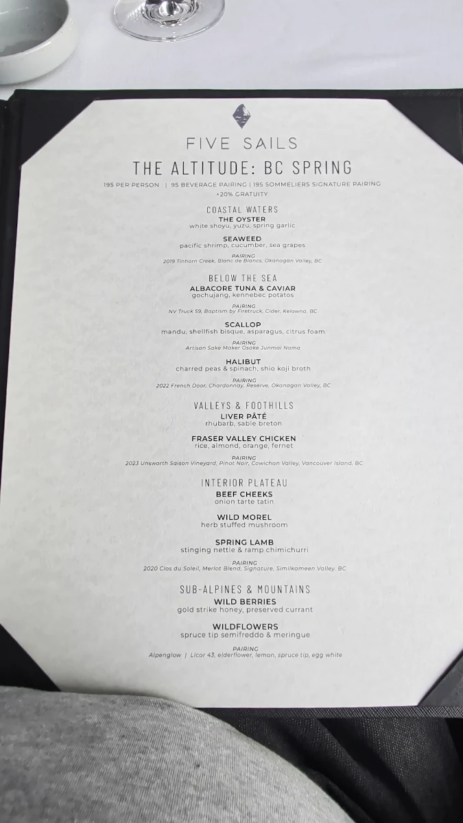 Menu, Five Sails Restaurant
