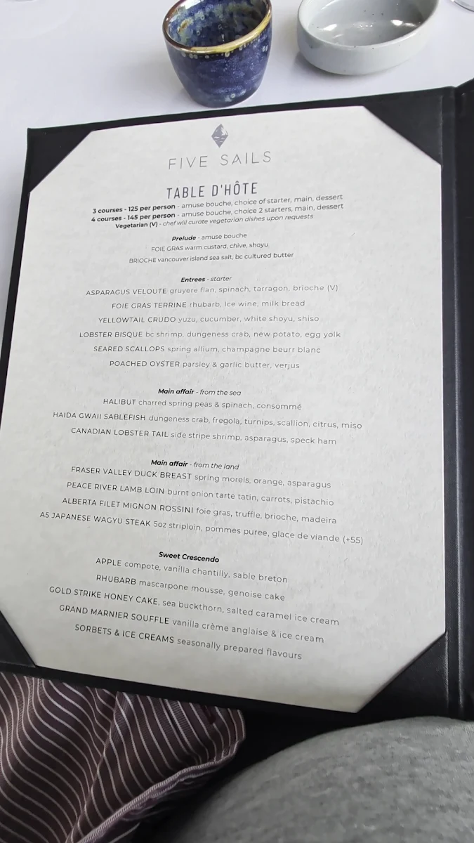 Menu, Five Sails Restaurant