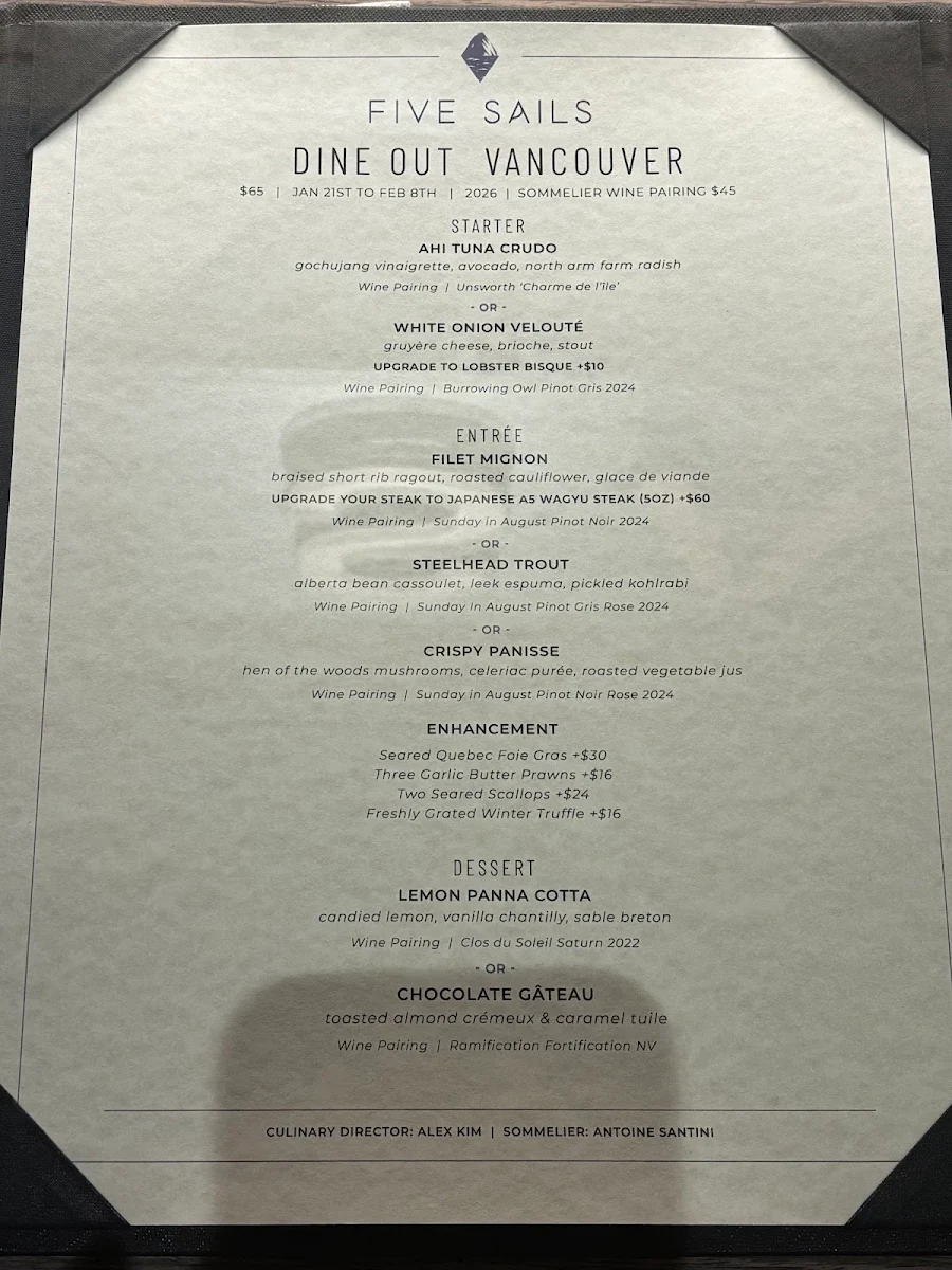 Menu, Five Sails Restaurant
