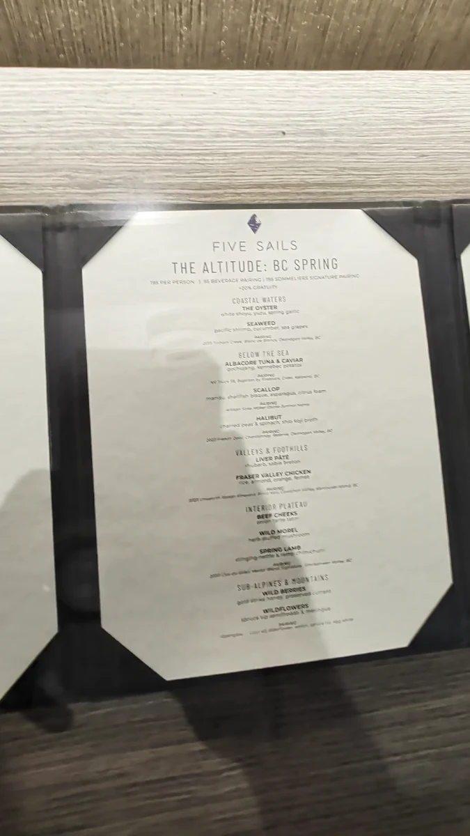 Menu, Five Sails Restaurant