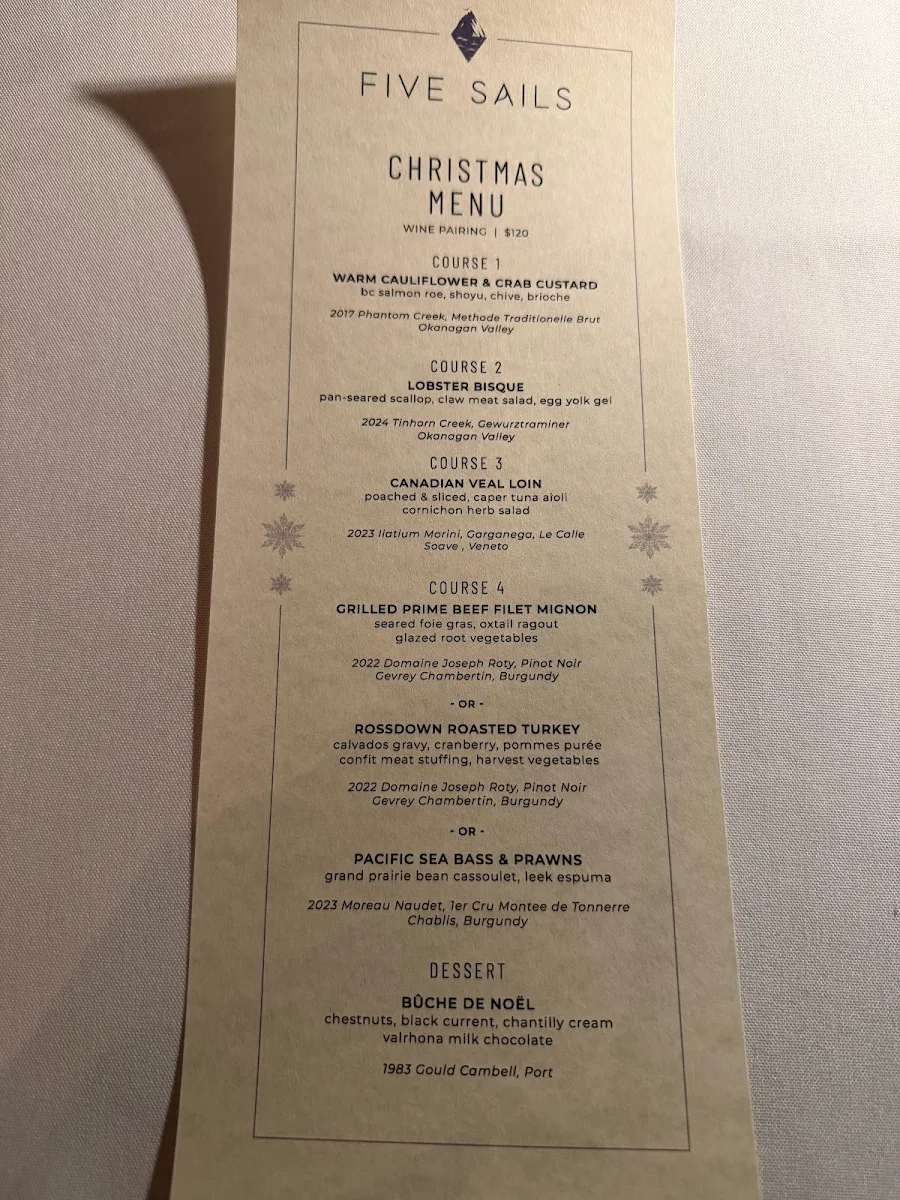 Menu, Five Sails Restaurant
