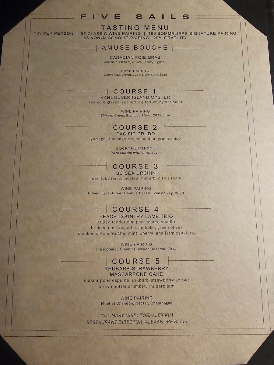 Menu, Five Sails Restaurant