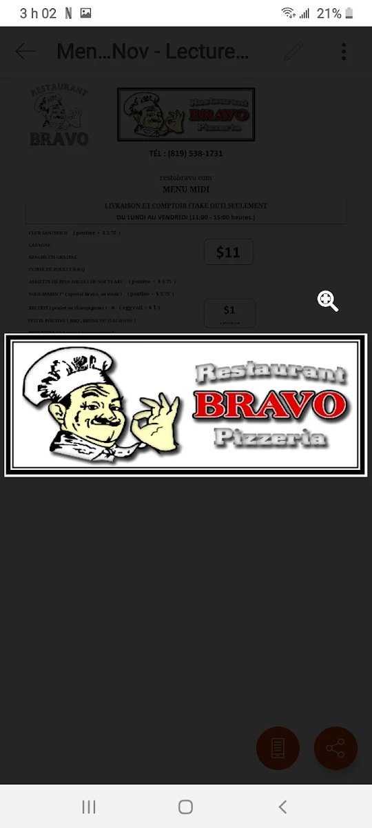 Menu, Restaurant Bravo Pizzeria