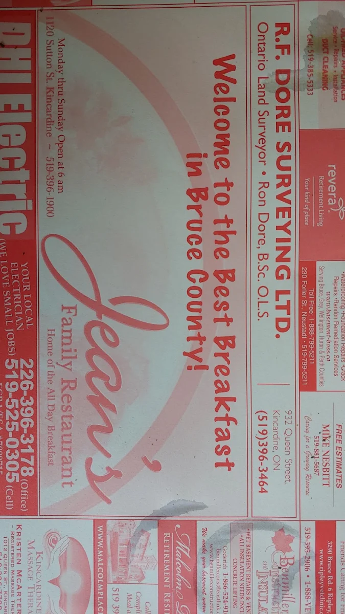 Menu, Jean's Family Restaurant