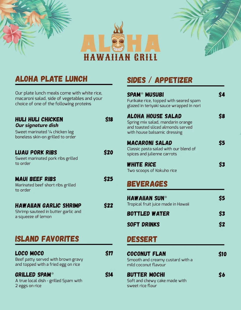 Menu, Aloha Hawaiian Grill