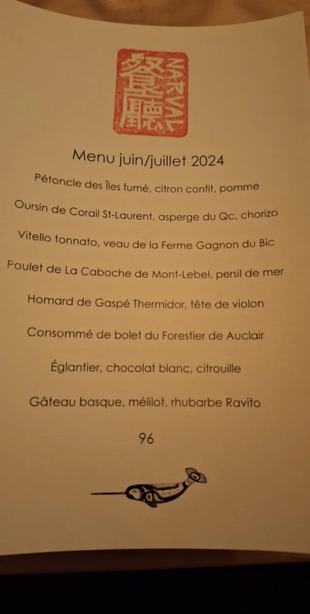 Menu, Restaurant Narval