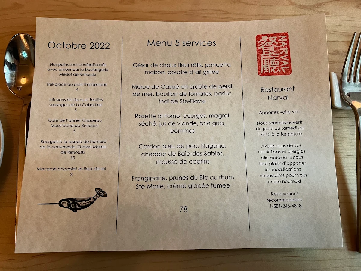Menu, Restaurant Narval