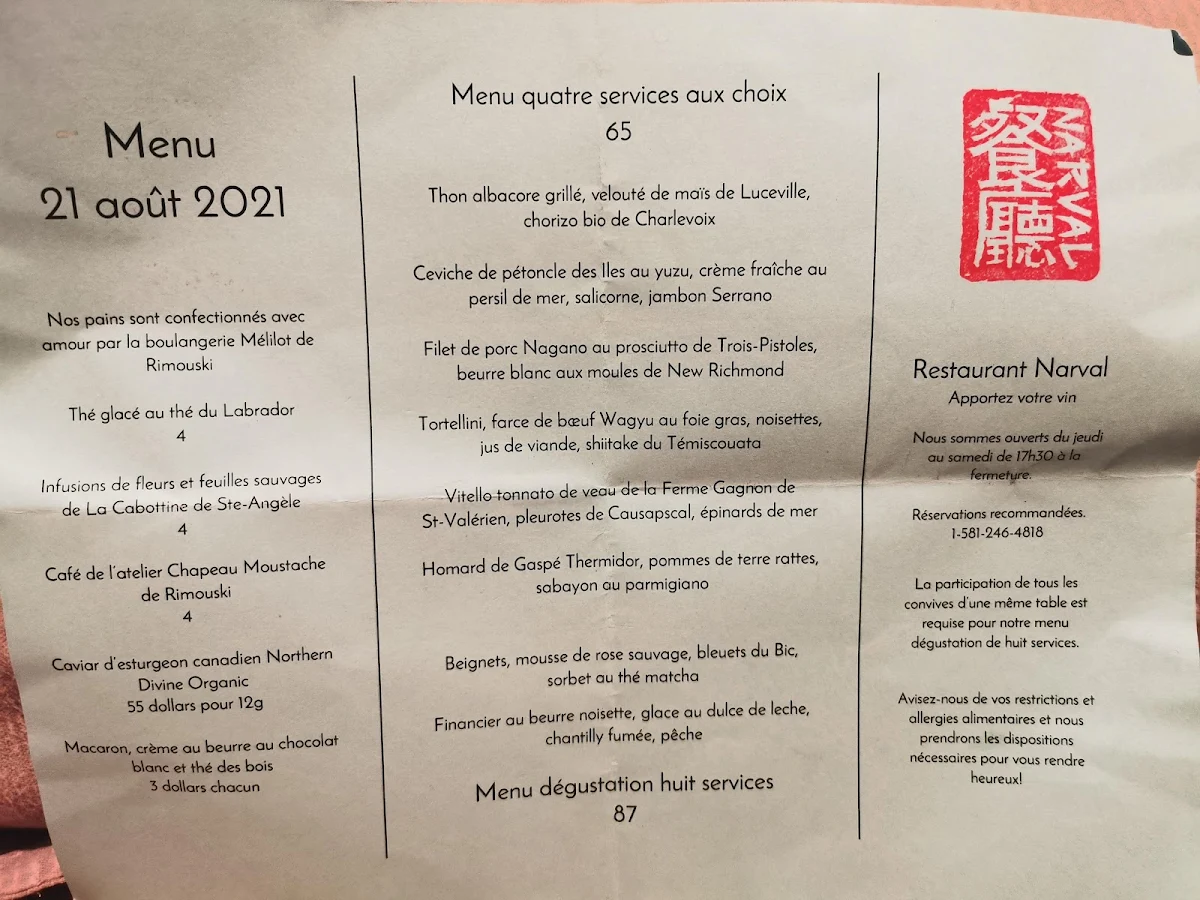 Menu, Restaurant Narval
