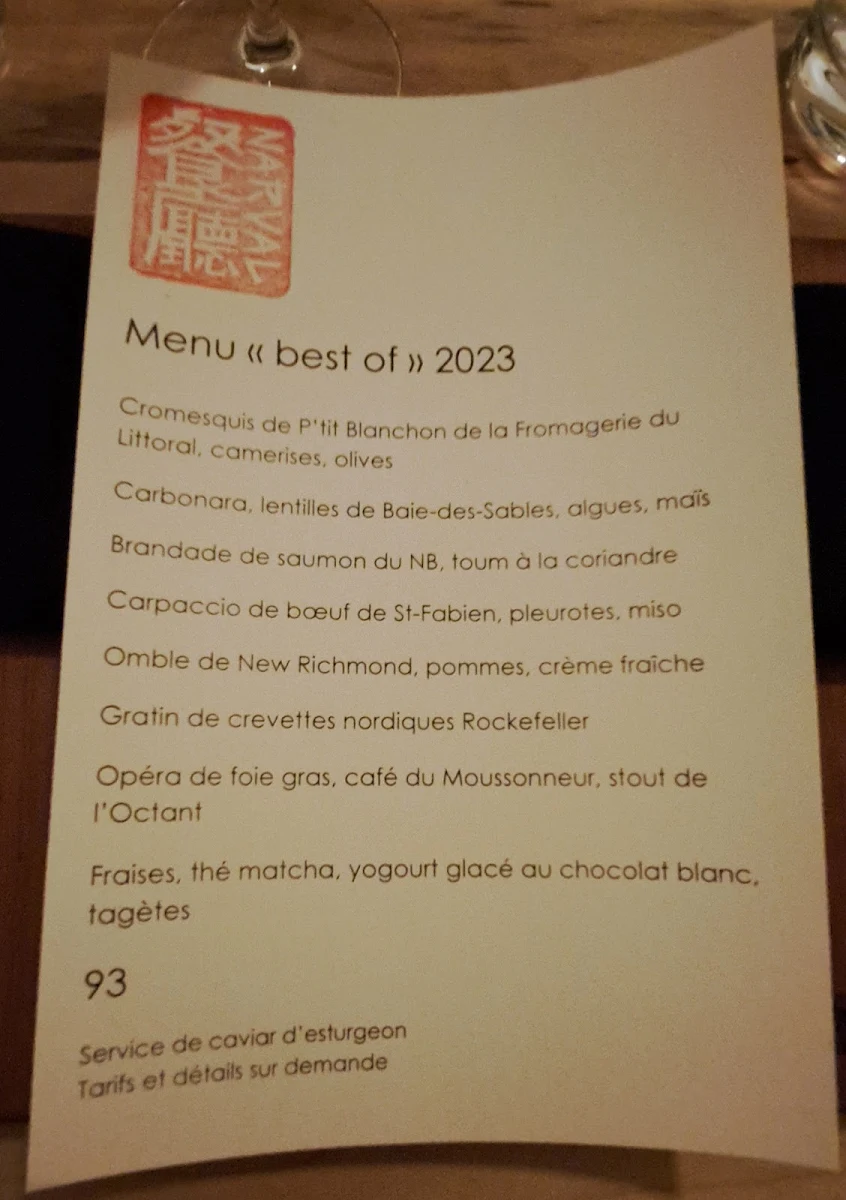 Menu, Restaurant Narval