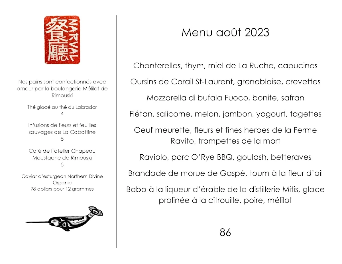 Menu, Restaurant Narval