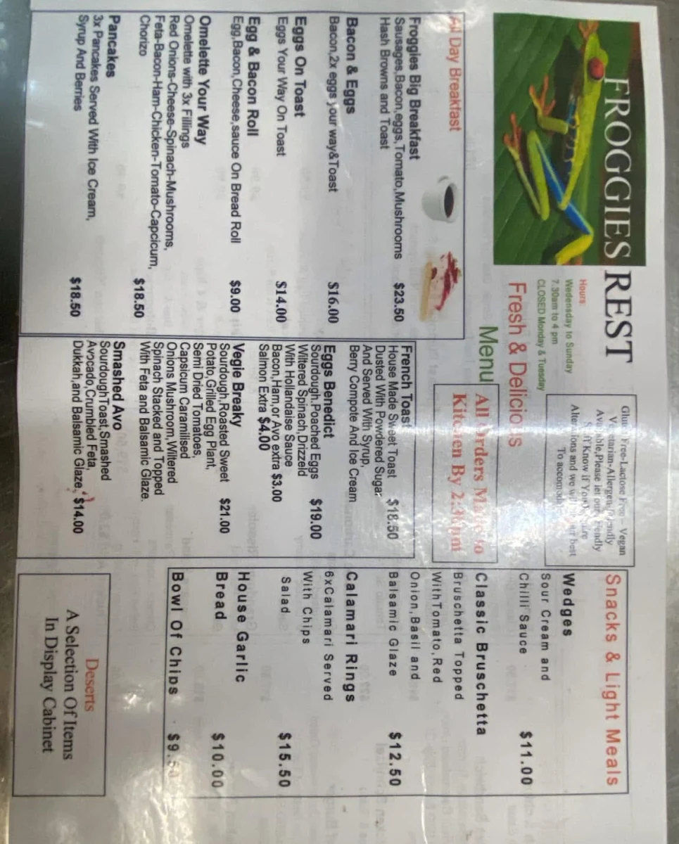 Menu, Froggies Rest