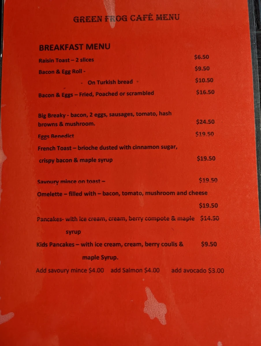 Menu, Froggies Rest