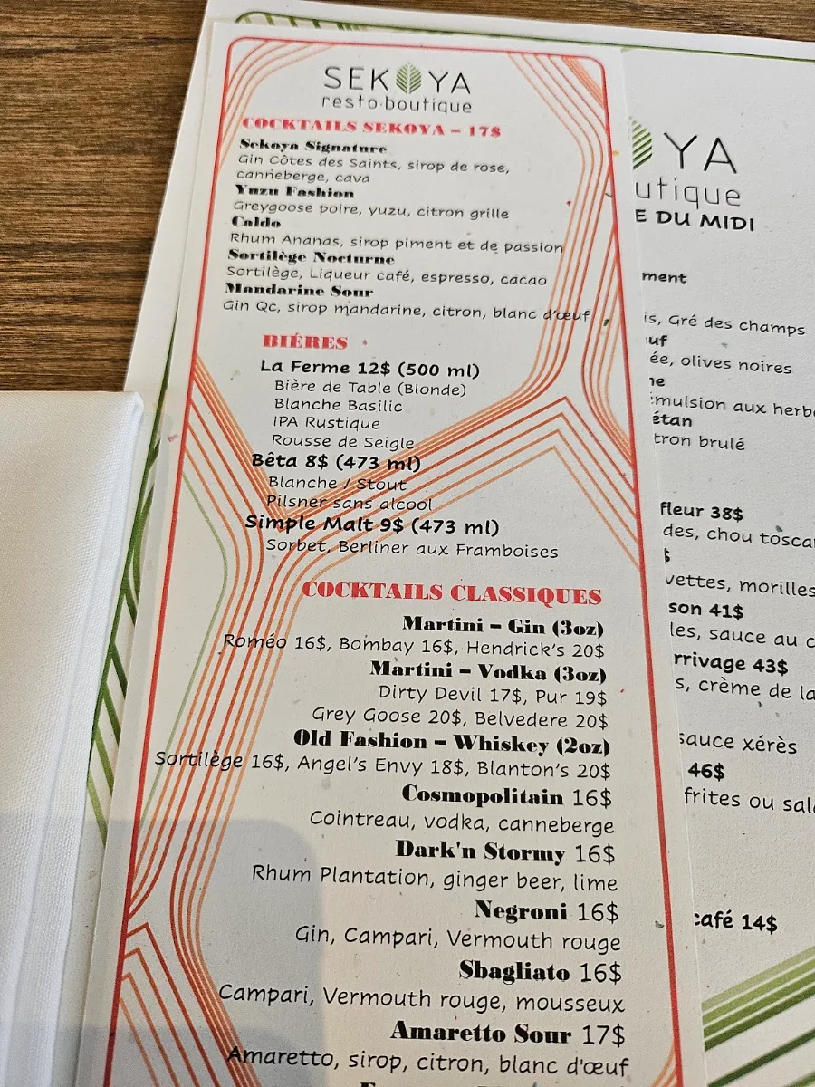 Menu, Restaurant Sekoya