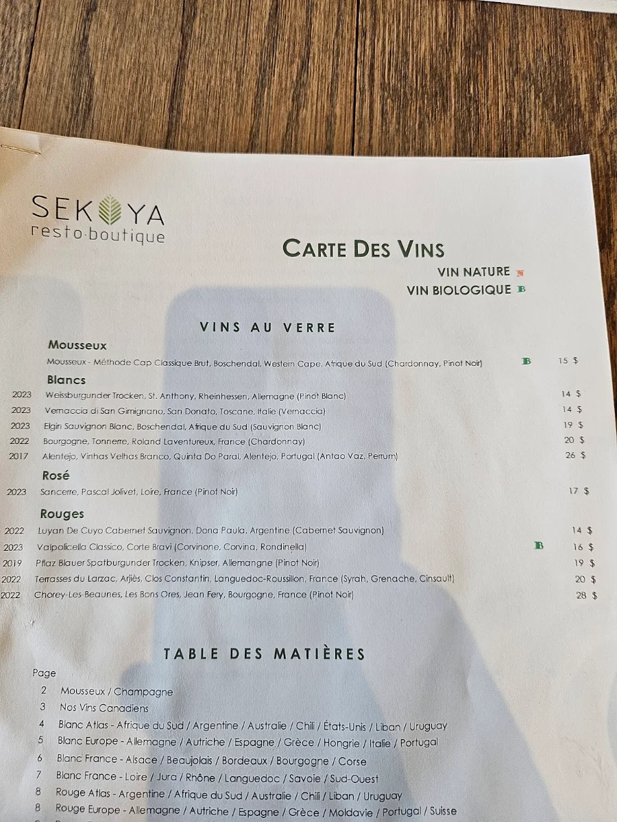 Menu, Restaurant Sekoya