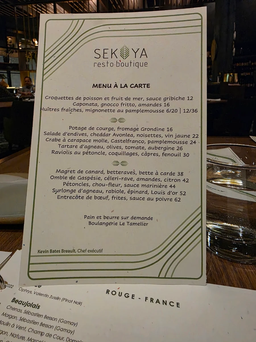 Menu, Restaurant Sekoya