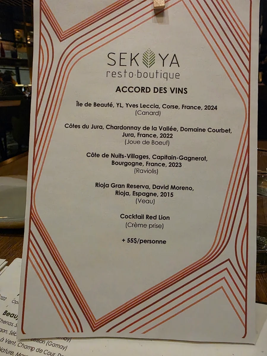 Menu, Restaurant Sekoya