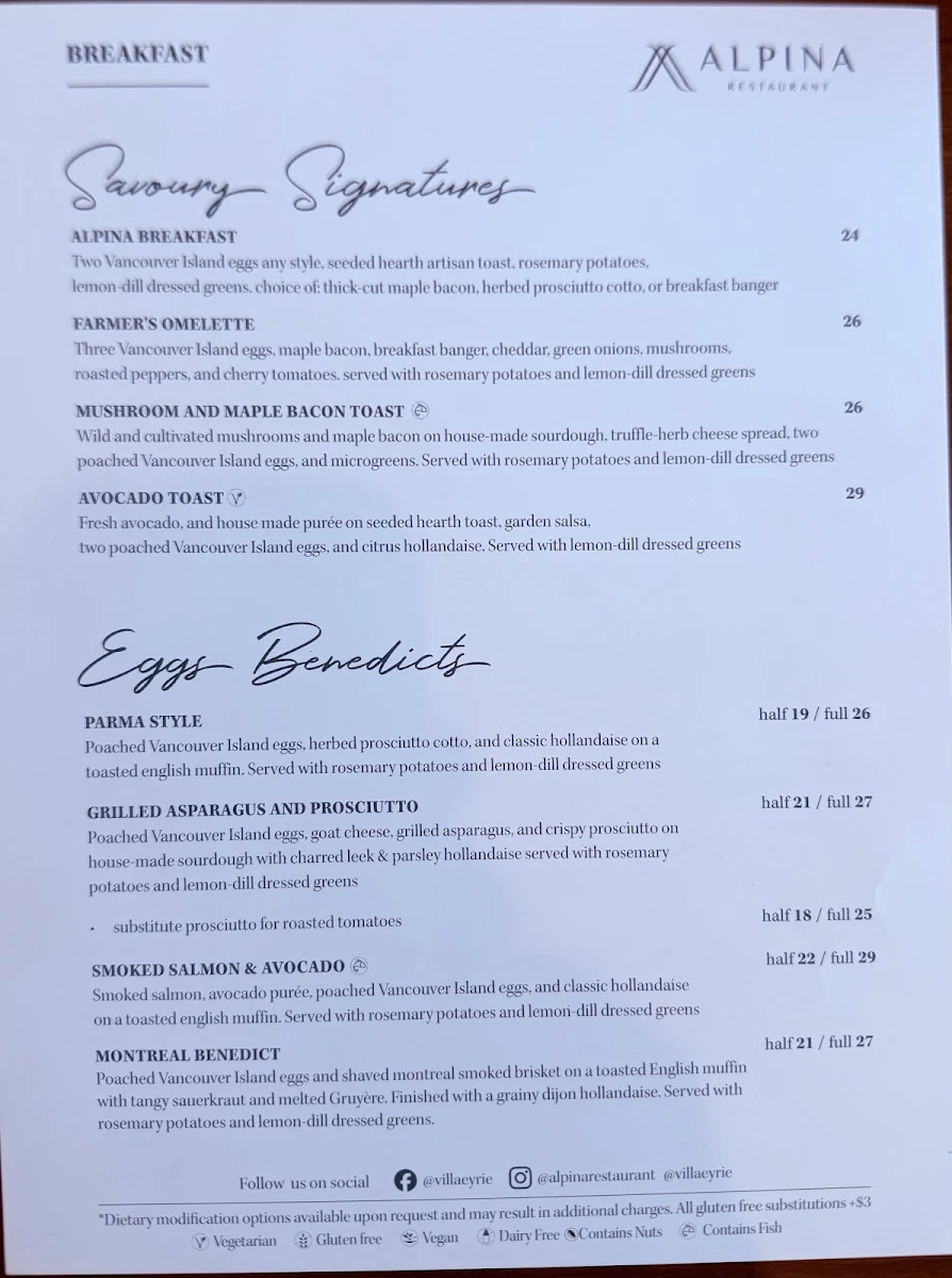 Menu, Alpina Restaurant at Villa Eyrie Resort