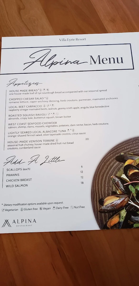Menu, Alpina Restaurant at Villa Eyrie Resort