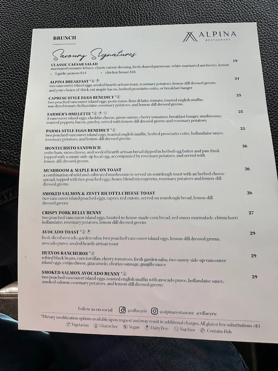 Menu, Alpina Restaurant at Villa Eyrie Resort